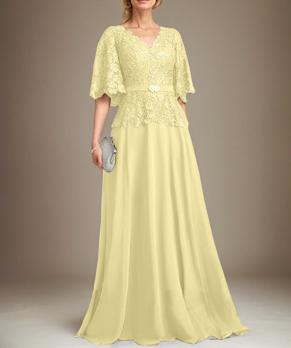 A-line V-Neck Floor-Length Chiffon Lace Mother of the Bride Dress With Crystal Brooch Rhinestone