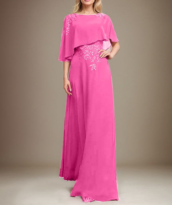A-line Scoop Floor-Length Chiffon Lace Mother of the Bride Dress With Sequins Beading