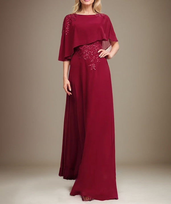 A-line Scoop Floor-Length Chiffon Lace Mother of the Bride Dress With Sequins Beading