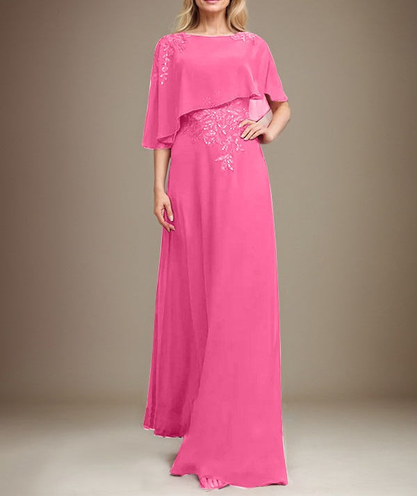 A-line Scoop Floor-Length Chiffon Lace Mother of the Bride Dress With Sequins Beading