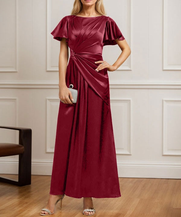 A-line Scoop Ankle-Length Stretch Satin Mother of the Bride Dress With Pleated Beading