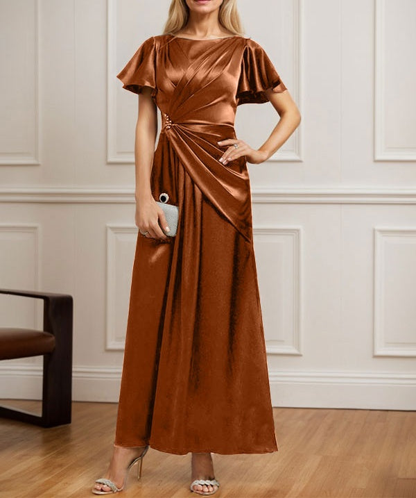 A-line Scoop Ankle-Length Stretch Satin Mother of the Bride Dress With Pleated Beading