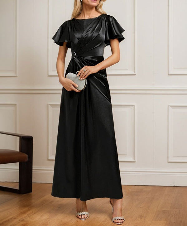 A-line Scoop Ankle-Length Stretch Satin Mother of the Bride Dress With Pleated Beading