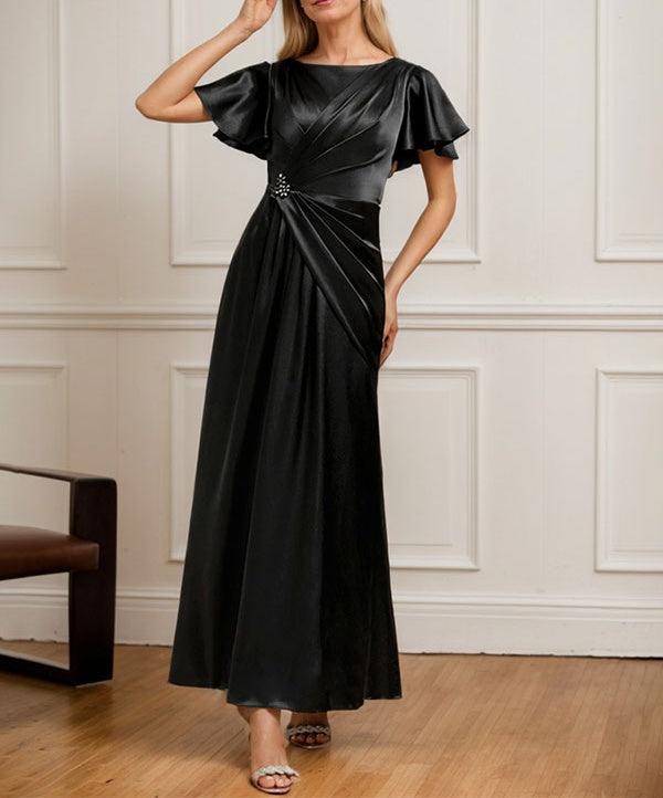 A-line Scoop Ankle-Length Stretch Satin Mother of the Bride Dress With Pleated Beading
