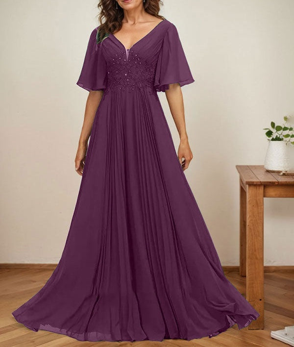 A-line V-Neck Floor-Length Chiffon Mother of the Bride Dress With Sequins Appliques Lace Pleated