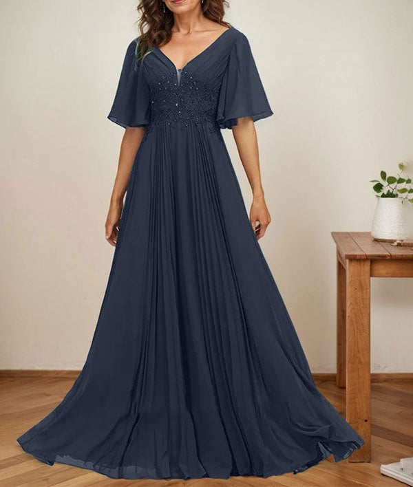 A-line V-Neck Floor-Length Chiffon Mother of the Bride Dress With Sequins Appliques Lace Pleated