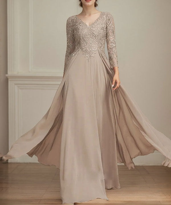 A-line V-Neck Floor-Length Lace Chiffon Mother of the Bride Dress With Sequins