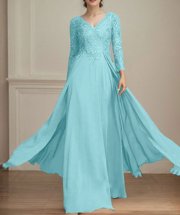 A-line V-Neck Floor-Length Lace Chiffon Mother of the Bride Dress With Sequins