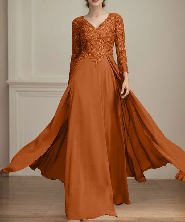 A-line V-Neck Floor-Length Lace Chiffon Mother of the Bride Dress With Sequins