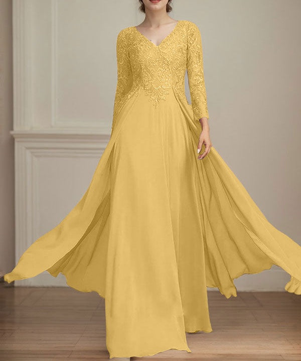 A-line V-Neck Floor-Length Lace Chiffon Mother of the Bride Dress With Sequins