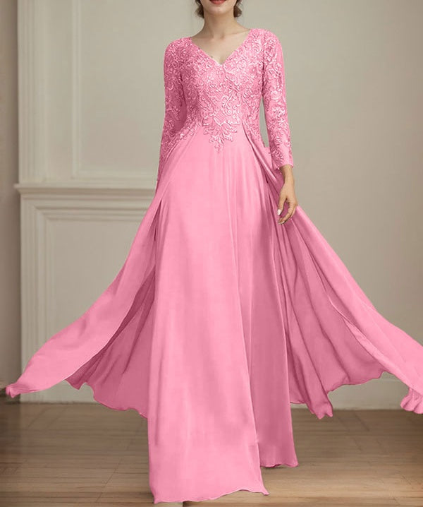 A-line V-Neck Floor-Length Lace Chiffon Mother of the Bride Dress With Sequins