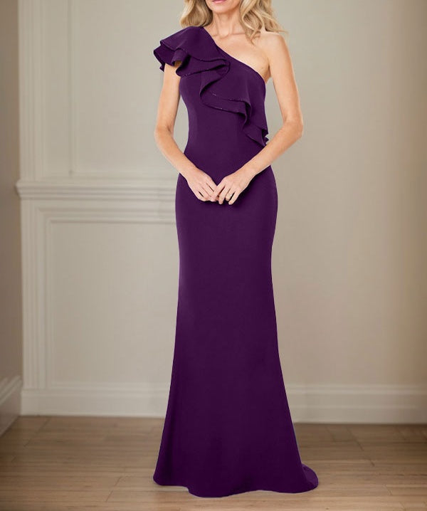A-line One Shoulder Floor-Length Chiffon Mother of the Bride Dress With Ruffles