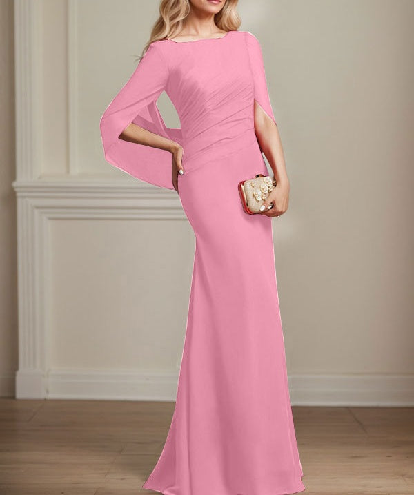 Trumpet/Mermaid Boat Neck Floor-Length Chiffon Mother of the Bride Dress With Pleated