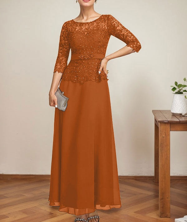 A-line Scoop Illusion Ankle-Length Chiffon Lace Mother of the Bride Dress With Rhinestone Beading