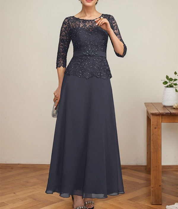 A-line Scoop Illusion Ankle-Length Chiffon Lace Mother of the Bride Dress With Rhinestone Beading
