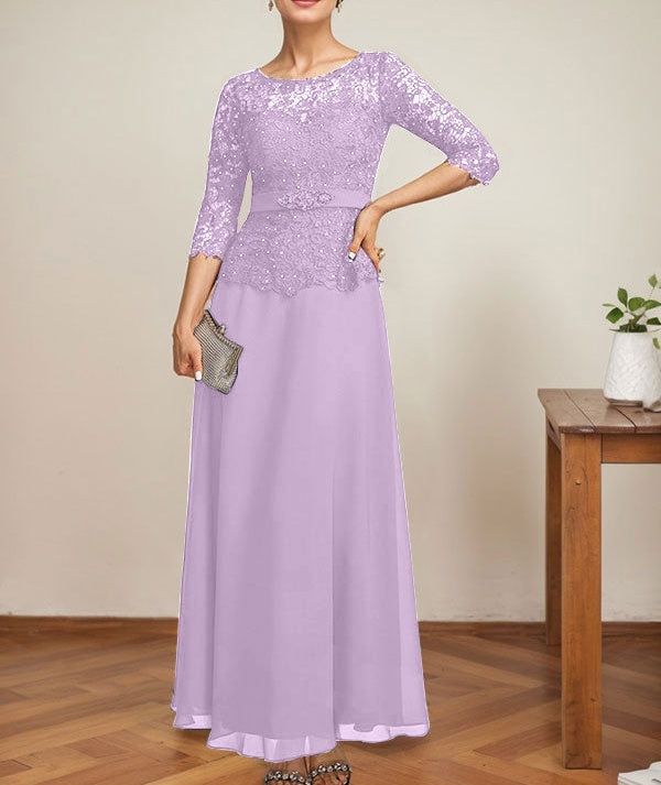 A-line Scoop Illusion Ankle-Length Chiffon Lace Mother of the Bride Dress With Rhinestone Beading