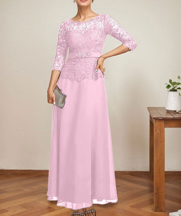 A-line Scoop Illusion Ankle-Length Chiffon Lace Mother of the Bride Dress With Rhinestone Beading