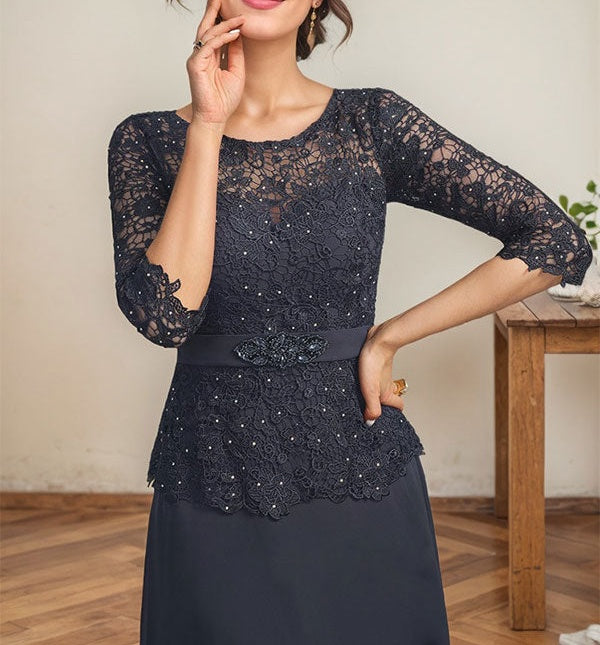 A-line Scoop Illusion Ankle-Length Chiffon Lace Mother of the Bride Dress With Rhinestone Beading