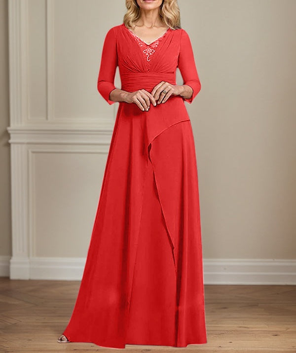A-line V-Neck Floor-Length Chiffon Mother of the Bride Dress With Pleated Beading