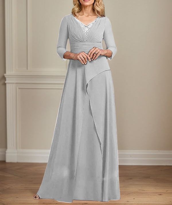 A-line V-Neck Floor-Length Chiffon Mother of the Bride Dress With Pleated Beading