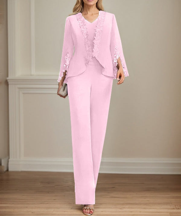 Separates Jumpsuit/Pantsuit V-Neck Floor-Length Chiffon Mother of the Bride Dress