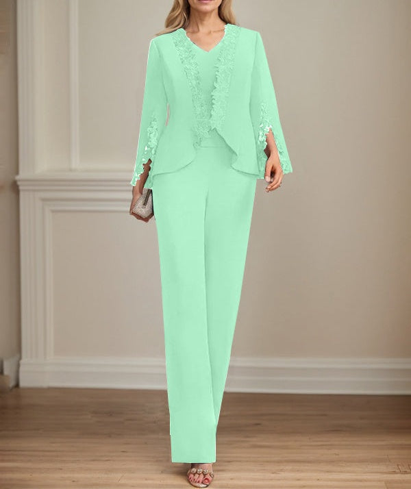 Separates Jumpsuit/Pantsuit V-Neck Floor-Length Chiffon Mother of the Bride Dress