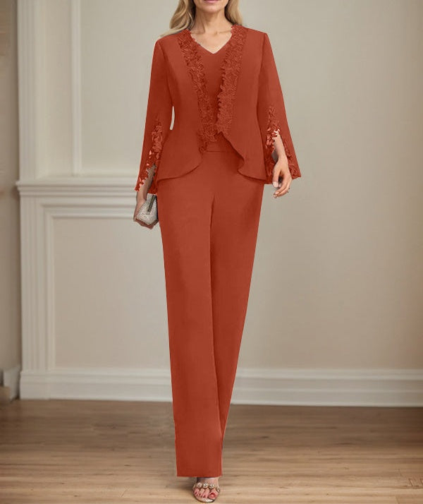 Separates Jumpsuit/Pantsuit V-Neck Floor-Length Chiffon Mother of the Bride Dress