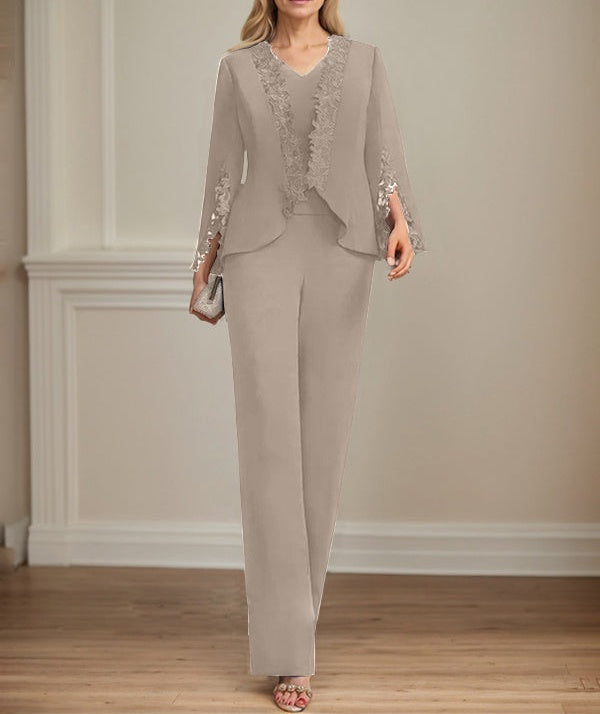 Separates Jumpsuit/Pantsuit V-Neck Floor-Length Chiffon Mother of the Bride Dress