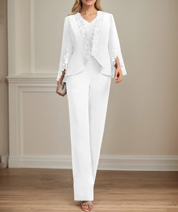 Separates Jumpsuit/Pantsuit V-Neck Floor-Length Chiffon Mother of the Bride Dress
