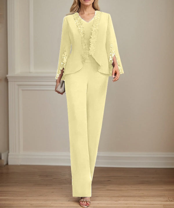 Separates Jumpsuit/Pantsuit V-Neck Floor-Length Chiffon Mother of the Bride Dress