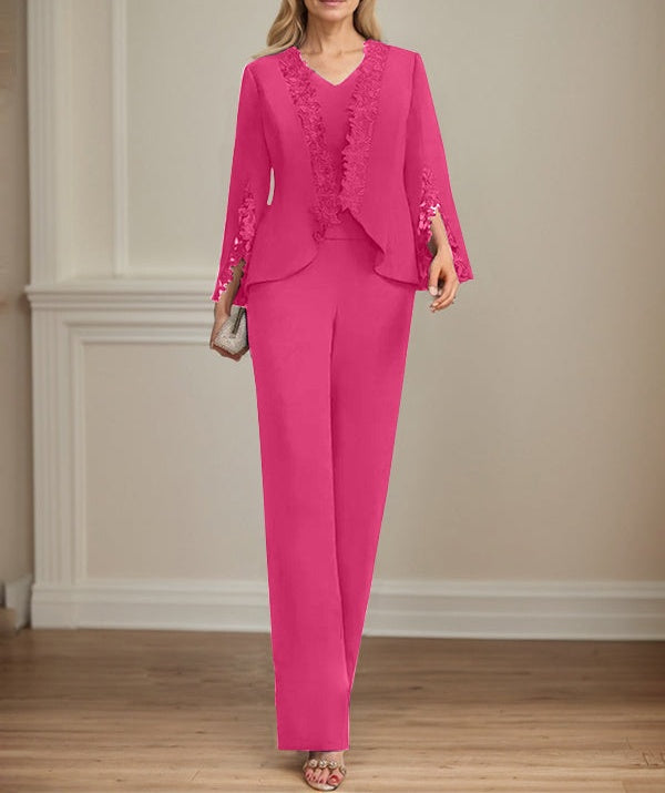 Separates Jumpsuit/Pantsuit V-Neck Floor-Length Chiffon Mother of the Bride Dress