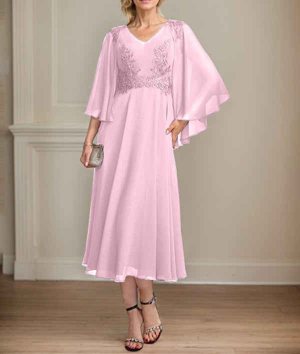A-line V-Neck Tea-Length Chiffon Lace Mother of the Bride Dress With Beading Sequins