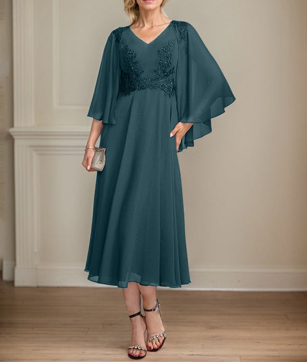 A-line V-Neck Tea-Length Chiffon Lace Mother of the Bride Dress With Beading Sequins