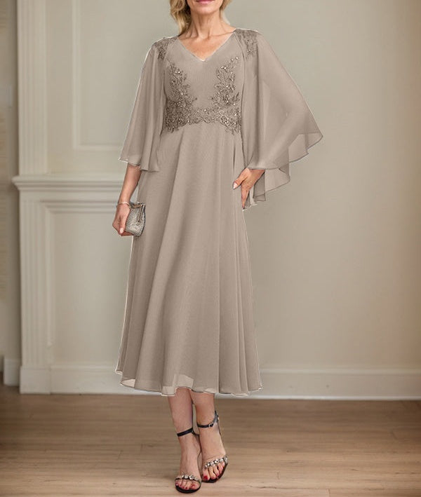 A-line V-Neck Tea-Length Chiffon Lace Mother of the Bride Dress With Beading Sequins