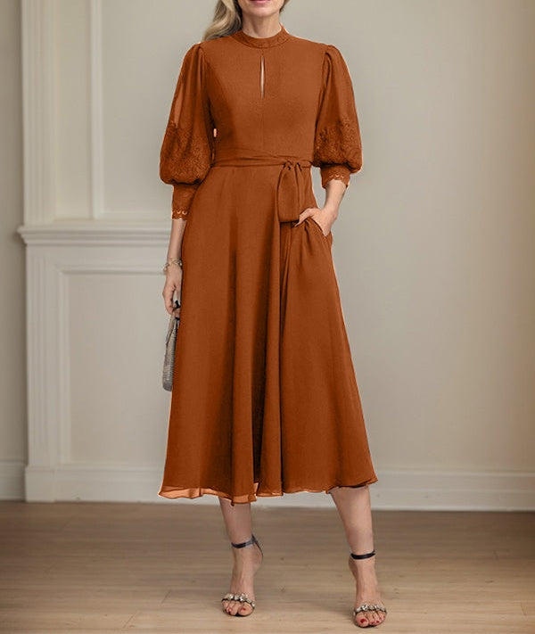 A-line High Neck Tea-Length Lace Chiffon Mother of the Bride Dress With Bow