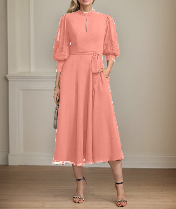 A-line High Neck Tea-Length Lace Chiffon Mother of the Bride Dress With Bow