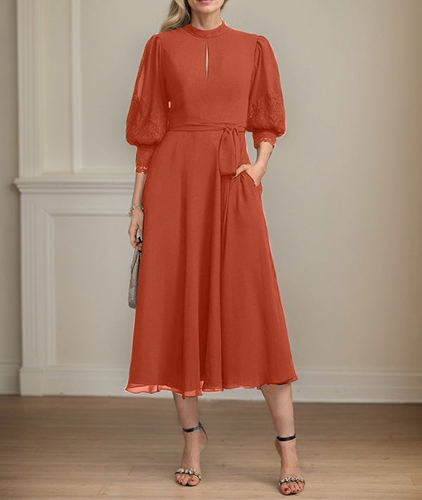 A-line High Neck Tea-Length Lace Chiffon Mother of the Bride Dress With Bow
