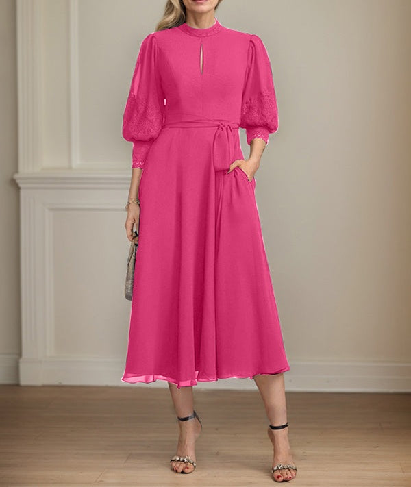 A-line High Neck Tea-Length Lace Chiffon Mother of the Bride Dress With Bow