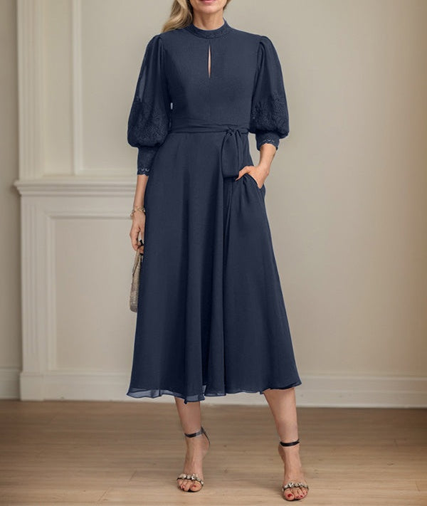 A-line High Neck Tea-Length Lace Chiffon Mother of the Bride Dress With Bow