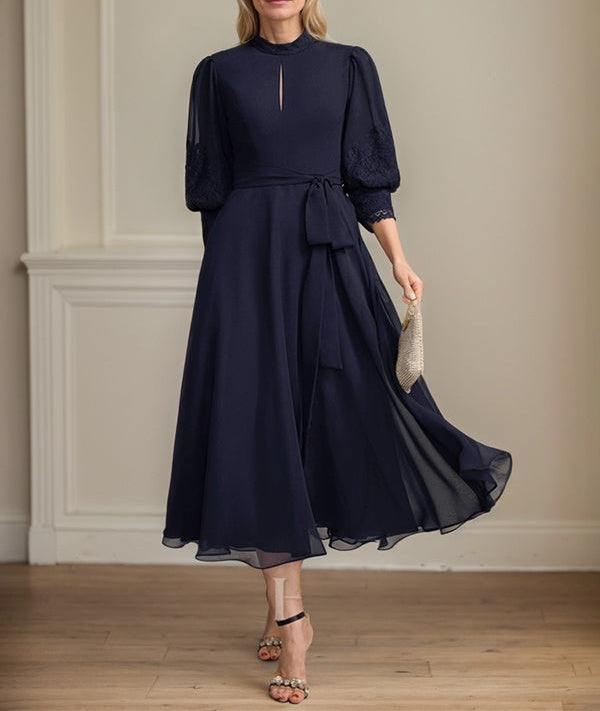 A-line High Neck Tea-Length Lace Chiffon Mother of the Bride Dress With Bow
