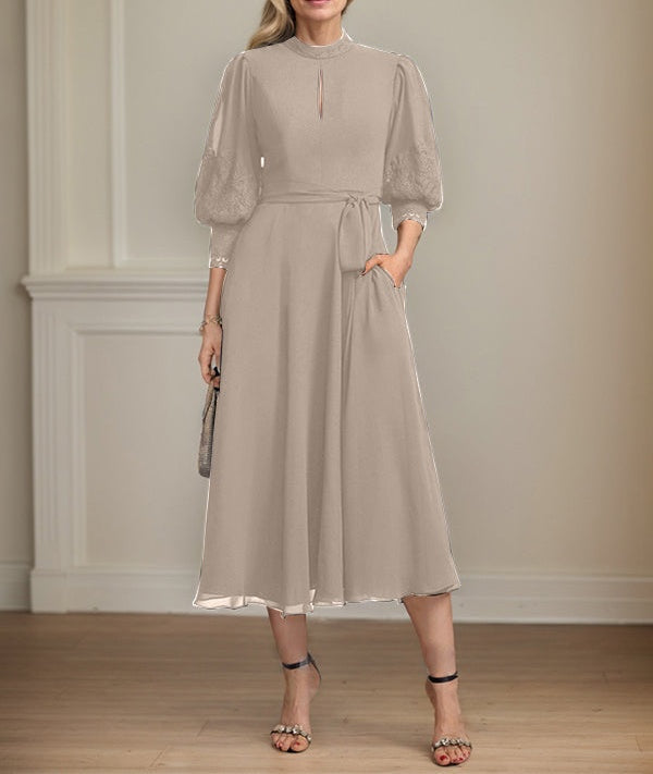 A-line High Neck Tea-Length Lace Chiffon Mother of the Bride Dress With Bow