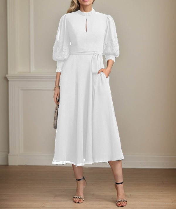 A-line High Neck Tea-Length Lace Chiffon Mother of the Bride Dress With Bow