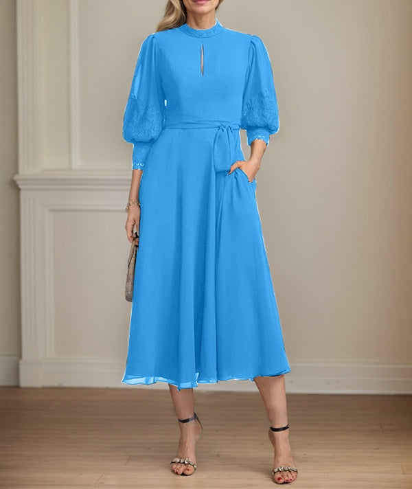 A-line High Neck Tea-Length Lace Chiffon Mother of the Bride Dress With Bow