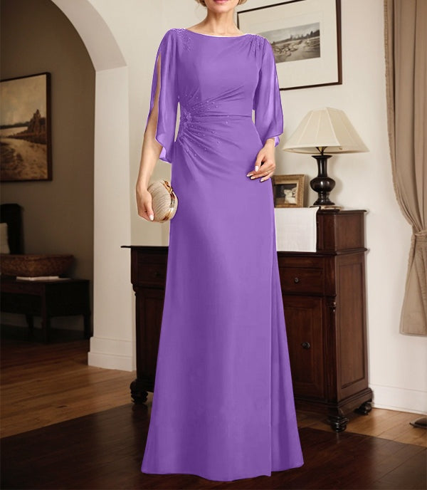 Sheath/Column Scoop Floor-Length Chiffon Mother of the Bride Dress With Pleated Beading