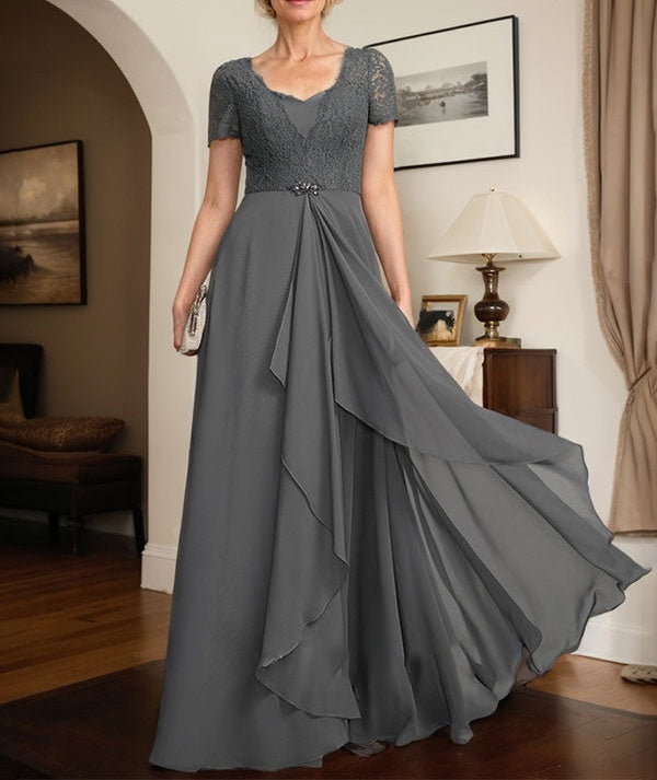 A-line Sweetheart Floor-Length Chiffon Lace Mother of the Bride Dress With Beading Cascading Ruffles