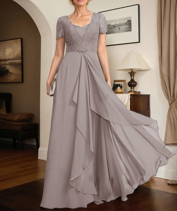 A-line Sweetheart Floor-Length Chiffon Lace Mother of the Bride Dress With Beading Cascading Ruffles