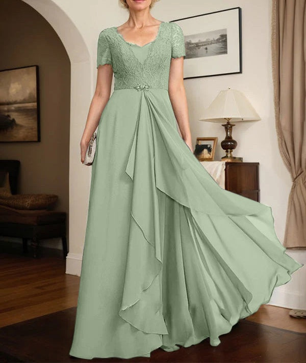A-line Sweetheart Floor-Length Chiffon Lace Mother of the Bride Dress With Beading Cascading Ruffles