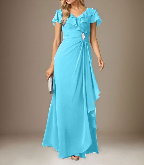 Stormy A-Line V-Neck Ruched Chiffon Dress