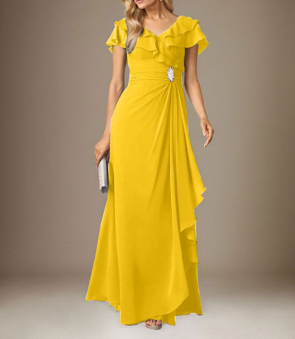 Stormy A-Line V-Neck Ruched Chiffon Dress