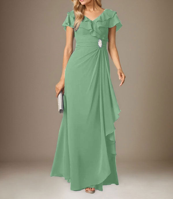 Stormy A-Line V-Neck Ruched Chiffon Dress